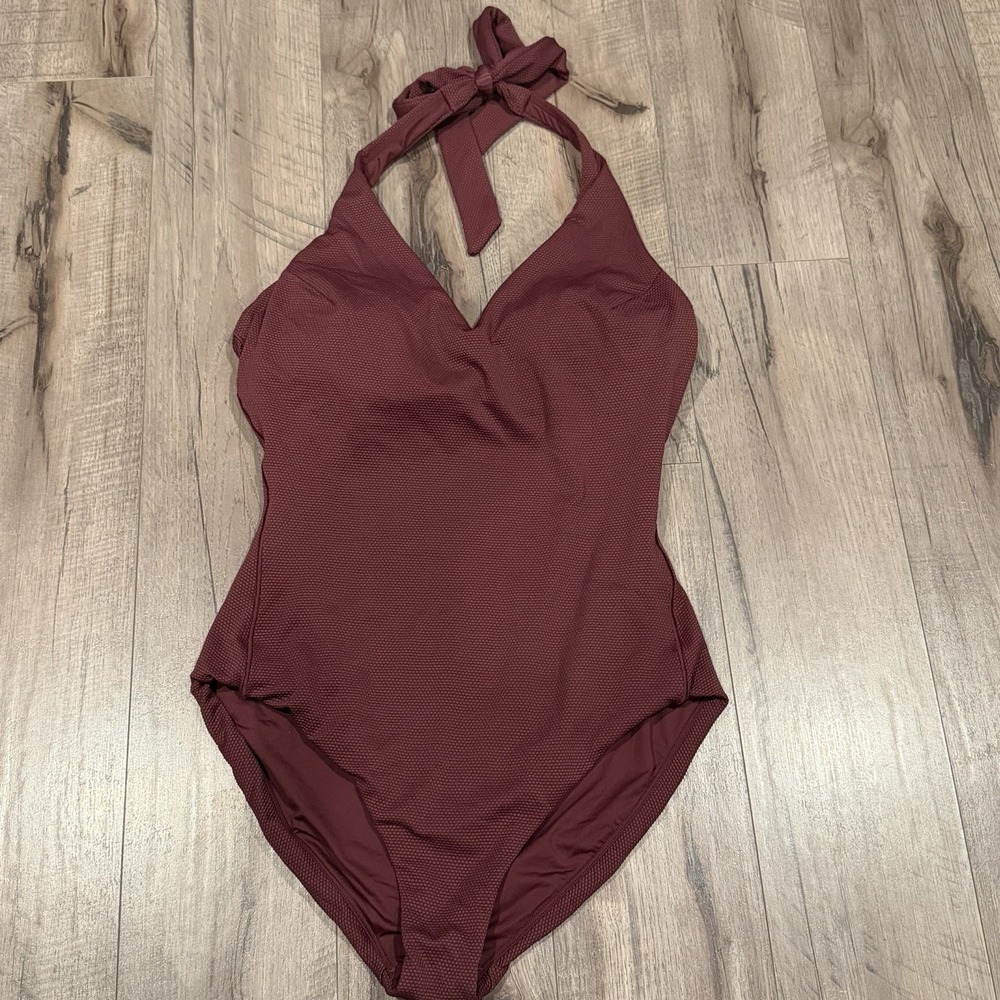 Spanx Pique Shaping One Piece Swimsuit Women Sz M Burgundy Halter Textured